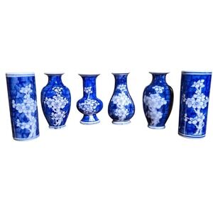 Set 6 4" Blue White Porcelain Vases Cherry Blossom Design Decorative Collection